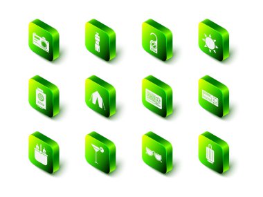 Bir şişe su, lütfen rahatsız etmeyin, Sun, seyahat bileti, bavul, vize damgalı pasaport, gözlük ve martini cam ikonu. Vektör