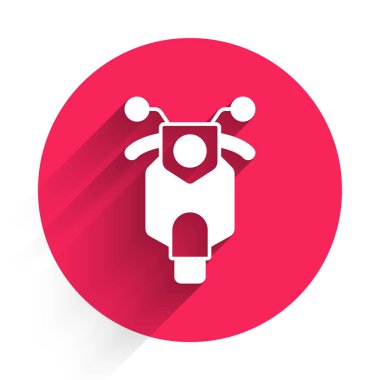 Beyaz Scooter simgesi uzun gölge arkaplanı ile izole edilmiş. Kırmızı daire düğmesi. Vektör