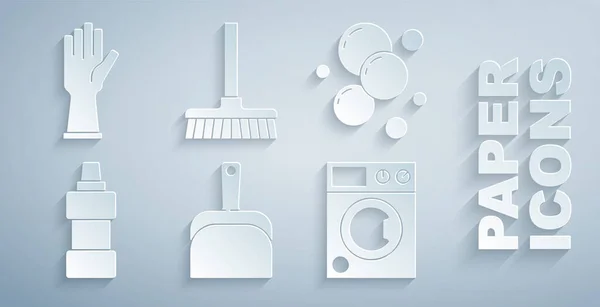 Dustpan, sabun köpükleri, temizlik malzemesi, çamaşır makinesi, süpürge ve lastik eldiven ikonu için şişe. Vektör — Stok Vektör