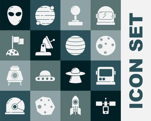 Set Satélite, Casco de astronauta, Planeta Marte, Joystick, plato, Luna con bandera, Alien y Venus icono. Vector — Vector de stock