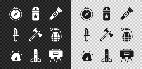 Set Kompass, Chevron, Taschenlampe, Bombenexplosion, Rakete, Militärmine, Messer und Kriegsaxt-Symbol. Vektor — Stockvektor