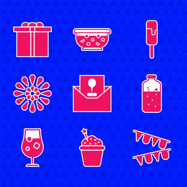 Set Πρόσκληση, κέικ, Καρναβάλι γιρλάντα με σημαίες, Mulled κρασί, ποτό cocktail αλκοόλ, Πυροτέχνημα, παγωτό και κουτί δώρου εικονίδιο. Διάνυσμα — Διανυσματικό Αρχείο
