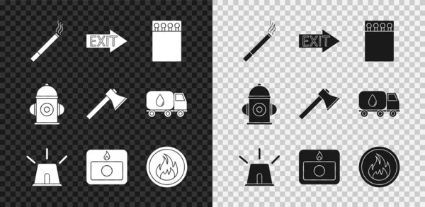 Set Cigarette, Fire exit, Open matchbox and matches, Flasher siren, alarm system, flame, hydrant and Firefighter axe icon. Vector — Stock Vector