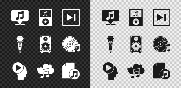 Réglez la note musicale dans la bulle vocale, lecteur, Avance rapide, Tête de personnes avec bouton, service de streaming, livre, Microphone et icône de haut-parleur stéréo. Vecteur — Image vectorielle