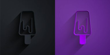 Kağıt kesikli dondurma ikonu, mor arka planda siyah üzerine izole edilmiş. Güzel sembol. Kağıt sanatı tarzı. Vektör