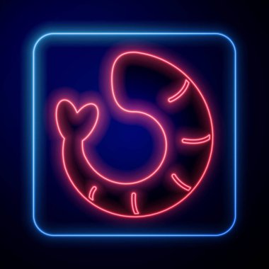 Parlayan neon karides simgesi siyah arkaplanda izole edildi. Vektör