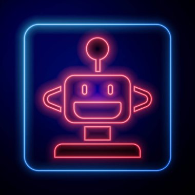 Parlayan neon robot oyuncak ikonu siyah arka planda izole edildi. Vektör