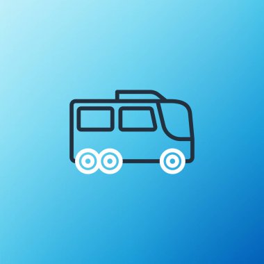 Satır Otobüs simgesi mavi arkaplanda izole edildi. Ulaşım konsepti. Otobüs turu nakliyesi. Turizm ya da kamu aracı sembolü. Renkli taslak konsepti. Vektör