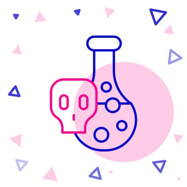 Zehirli sıvı ikonu beyaz arka planda izole edilmiş çizgi laboratuvarı kimyasal deney şişesi. Biyolojik tehlike sembolü. Radyasyon ikonu olan tehlikeli bir sembol. Renkli taslak konsepti. Vektör