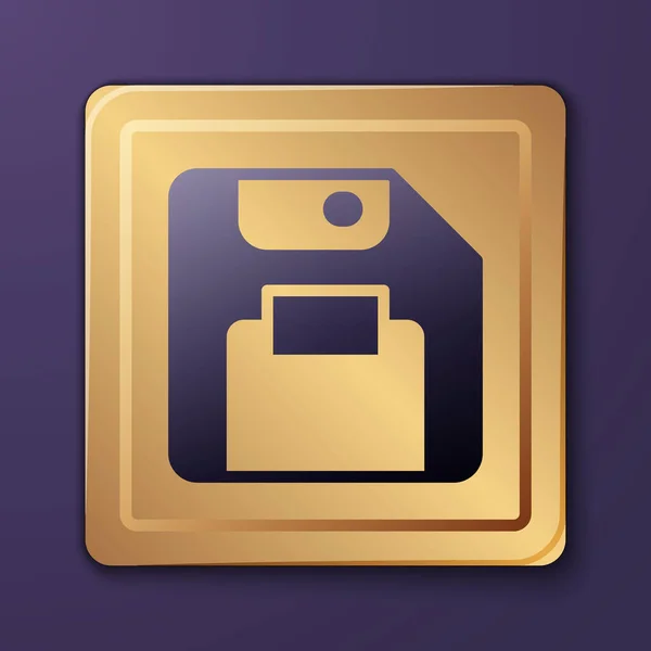 Disco blando púrpura para el icono de almacenamiento de datos de la computadora aislado sobre fondo púrpura. Signo de disquete. Botón cuadrado dorado. Vector — Vector de stock