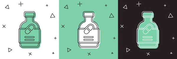Set Botella de la medicina y pastillas icono aislado en blanco y verde, fondo negro. Signo de la píldora. Diseño de farmacia. Vector — Vector de stock