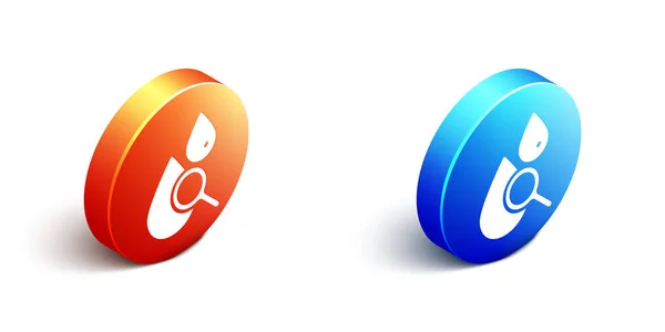 Isometrisk droppe och förstoringsglas ikon isolerad på vit bakgrund. Orange och blå cirkel knapp. Vektor — Stock vektor