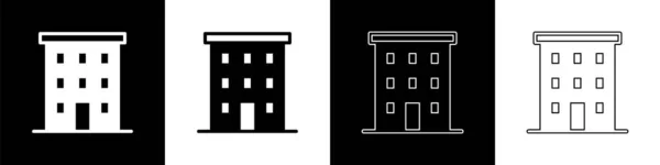 Setzen Sie mehrstöckige Gebäude Symbol isoliert auf schwarz-weißem Hintergrund. Vektor — Stockvektor