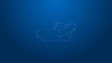 Mavi arka planda beyaz çizgi rafting botu simgesi izole edildi. Kürekleri olan şişme bir tekne. Su sporları, ekstrem sporlar, tatil, tatil. 4K Video hareketli grafik canlandırması