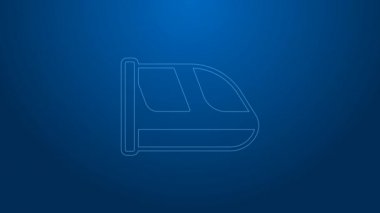 Beyaz hat tren ve demiryolu ikonu mavi arka planda izole edildi. Toplu taşıma sembolü. Metro treni nakliyesi. Metro yeraltı. 4K Video hareketli grafik canlandırması