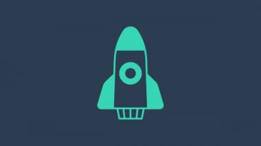 Turkuaz Roket gemisi simgesi mavi arkaplanda izole edildi. Uzay yolculuğu. 4K Video hareketli grafik canlandırması