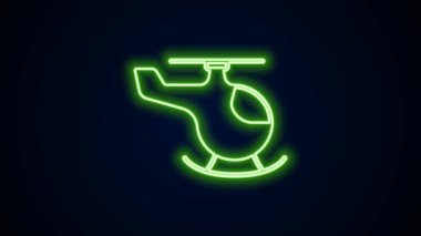 Parlayan neon hattı helikopter aracı simgesi siyah arkaplanda izole edildi. 4K Video hareketli grafik canlandırması