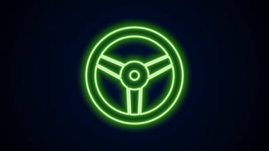 Parlayan neon çizgisi direksiyon simgesi siyah arkaplanda izole edildi. Araba tekeri ikonu. 4K Video hareketli grafik canlandırması