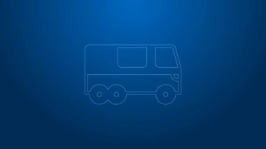 Beyaz çizgi otobüs simgesi mavi arkaplanda izole edildi. Ulaşım konsepti. Otobüs turu nakliyesi. Turizm ya da kamu aracı sembolü. 4K Video hareketli grafik canlandırması