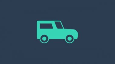 Turkuaz araba simgesi mavi arkaplanda izole edildi. 4K Video hareketli grafik canlandırması