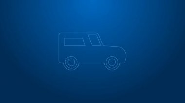 Mavi arka planda beyaz çizgi araba simgesi izole edildi. 4K Video hareketli grafik canlandırması