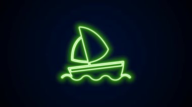 Parlayan neon hattı ya da siyah arka planda izole edilmiş yelkenli gemi simgesi. Yelkenli deniz seyahati. 4K Video hareketli grafik canlandırması