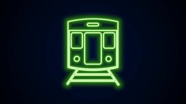 Parlayan neon hattı tren ve demiryolu ikonu siyah arka planda izole edildi. Toplu taşıma sembolü. Metro treni nakliyesi. Metro yeraltı. 4K Video hareketli grafik canlandırması