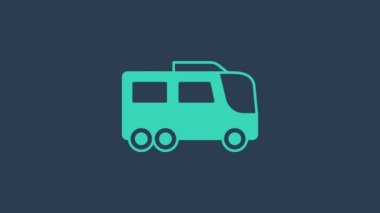 Turkuaz Otobüs simgesi mavi arkaplanda izole edildi. Ulaşım konsepti. Otobüs turu nakliyesi. Turizm ya da kamu aracı sembolü. 4K Video hareketli grafik canlandırması