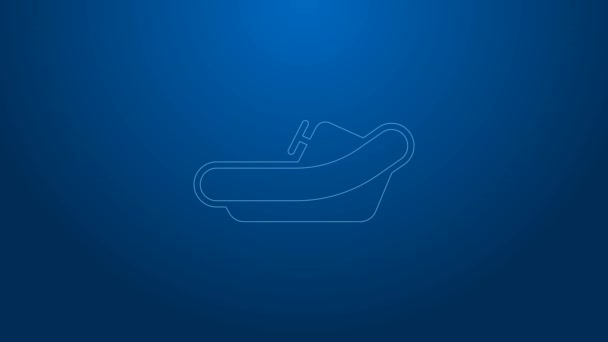 Linea bianca Rafting icona barca isolata su sfondo blu. Barca gonfiabile con pagaie. Sport acquatici, sport estremi, vacanze, vacanze. Animazione grafica 4K Video motion — Video Stock