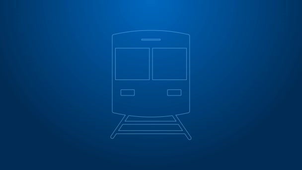 Weiße Linie Zug und Eisenbahnsymbol isoliert auf blauem Hintergrund. Symbol für den öffentlichen Nahverkehr. U-Bahn-Verkehr. U-Bahn. 4K Video Motion Grafik Animation — Stockvideo