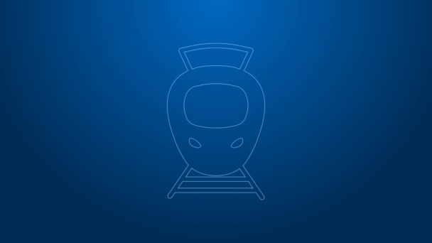 White line Tram and railway icon isolated on blue background. Public transportation symbol. 4K Video motion graphic animation — Stock Video