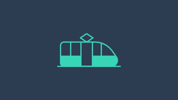 ターコイズトラムと鉄道のアイコンは青の背景に隔離されています。公共交通機関のシンボル。4Kビデオモーショングラフィックアニメーション — ストック動画