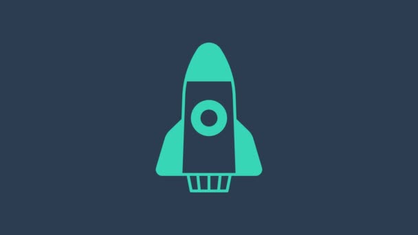 Turquoise Rocket ship icon isolated on blue background. Space travel. 4K Video motion graphic animation — Stock Video