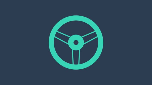 Tyrkysová ikona volantu izolovaná na modrém pozadí. Ikona kola. Grafická animace pohybu videa 4K — Stock video