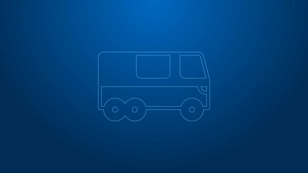 Linea bianca Icona bus isolata su sfondo blu. Concetto di trasporto. Trasporti turistici in autobus. Turismo o simbolo del veicolo pubblico. Animazione grafica 4K Video motion — Video Stock