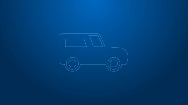 Witte lijn pictogram auto geïsoleerd op blauwe achtergrond. 4K Video motion grafische animatie — Stockvideo