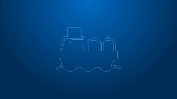 Witte lijn Olietanker schip pictogram geïsoleerd op blauwe achtergrond. 4K Video motion grafische animatie — Stockvideo