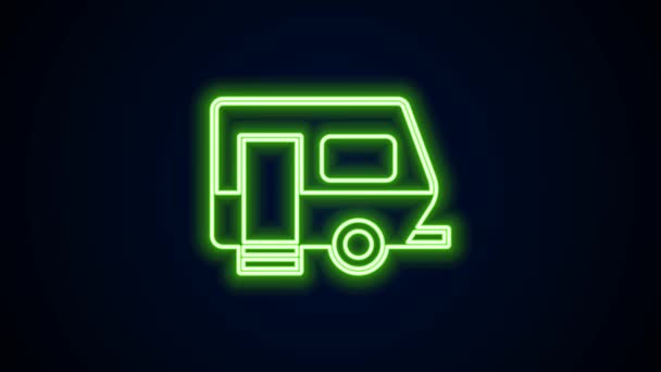 Gloeiende neon lijn Rv Camping trailer pictogram geïsoleerd op zwarte achtergrond. Reizen stacaravan, caravan, camper voor onderweg. 4K Video motion grafische animatie — Stockvideo