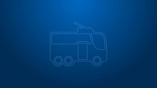 Bílá čára Trolejbus ikona izolované na modrém pozadí. Symbol veřejné dopravy. Grafická animace pohybu videa 4K — Stock video