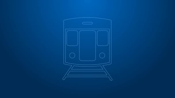 Línea blanca Icono de tren y ferrocarril aislado sobre fondo azul. Símbolo de transporte público. Transporte en tren subterráneo. Metro subterráneo. Animación gráfica de vídeo 4K — Vídeo de stock