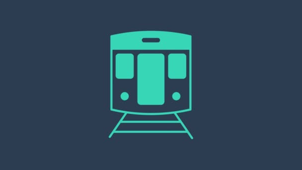 Tren de color turquesa y el icono del ferrocarril aislado sobre fondo azul. Símbolo de transporte público. Transporte en tren subterráneo. Metro subterráneo. Animación gráfica de vídeo 4K — Vídeo de stock