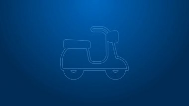 Mavi arka planda beyaz çizgi Scooter simgesi izole edildi. 4K Video hareketli grafik canlandırması