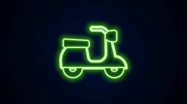 Parlayan neon çizgisi Scooter simgesi siyah arkaplanda izole edildi. 4K Video hareketli grafik canlandırması