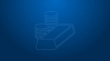 Mavi zemin üzerinde altın külçeleri olan beyaz çizgi altın sikke. Bankacılık işareti. Para sembolü. 4K Video hareketli grafik canlandırması