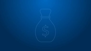 Beyaz çizgi mavi arka planda eski para çantası simgesi izole edildi. Nakit bankacılık tabelası. 4K Video hareketli grafik canlandırması