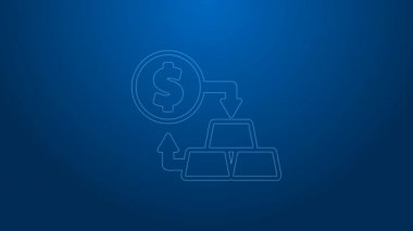 Beyaz çizgi altın döviz ikonu mavi arka planda izole. Para değiştirici. 4K Video hareketli grafik canlandırması