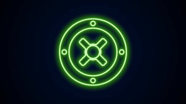 Parlayan neon hattı siyah arkaplanda güvenli simge. Kapı, şifreli bir banka kasası. Güvenilir Veri Koruma. 4K Video hareketli grafik canlandırması