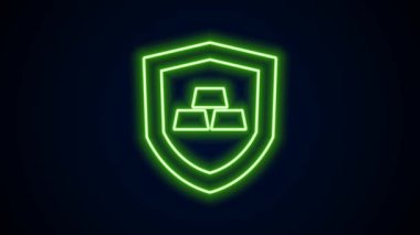 Siyah zemin üzerinde izole edilmiş kalkan simgesi olan parlak neon çizgili altın çubuklar. Bankacılık işi konsepti. 4K Video hareketli grafik canlandırması