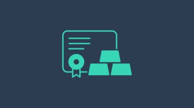 Mavi arkaplanda sertifika simgesi olan turkuaz altın çubuklar. Bankacılık işi konsepti. 4K Video hareketli grafik canlandırması