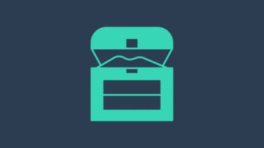 Mavi arka planda izole edilmiş turkuaz antika hazine sandığı ikonu. Altın sikkeli klasik tahta sandık. 4K Video hareketli grafik canlandırması